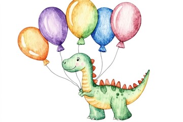 Obraz premium Akwarelowa ilustracja uroczego dinozaura z kolorowymi balonami. Kartka urodzinowa, plakat, baner dla dzieci. Białe tło