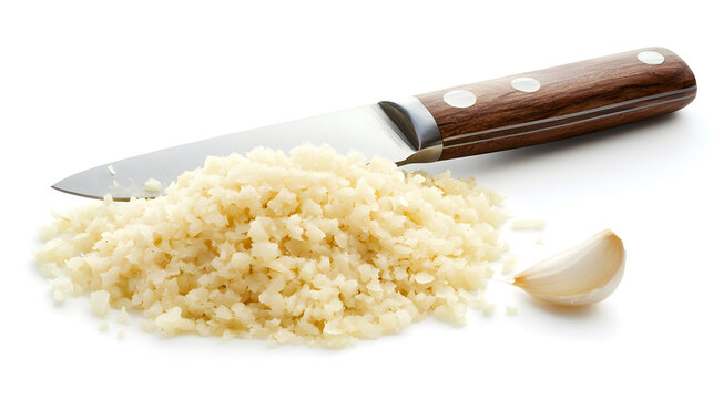 pile of minced garlic with chef knife beside it on white background