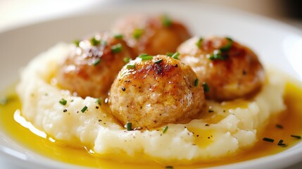 Meatballs, mashed potatoes, gravy, comfort food, delicious meal, homemade cooking elevate dining experience at family dinner