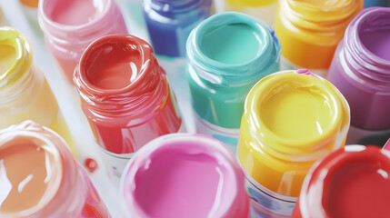 Vibrant acrylic paint jars in various colors create lively and artistic atmosphere