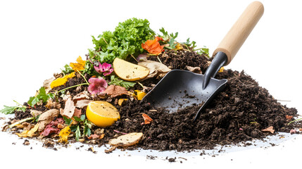 small hand shovel scooping compost with organic waste like fruit peels and leaves on white background