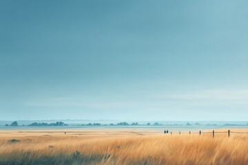 Fototapeta premium serene rural landscape with blurred figures in background existing in their peaceful life routine