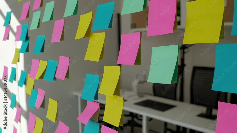 Poster colorful sticky notes are hanging on a glass wall in a modern office space, creating a vibrant and d