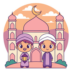 Naklejka premium Two young boys in front of a mosque at sunset