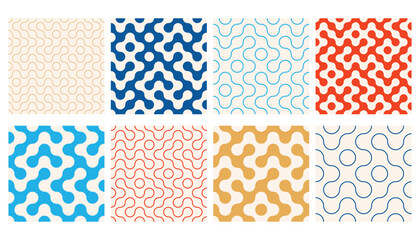 Truchet thin line and filled round shapes seamless pattern collection. Contemporary style geometric mosaic patterns with rounded lines. Modern tilt mosaic background set.