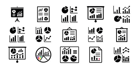 A collection of black and white data analysis icons showing charts graphs pie charts and statistical presentation elements for business use