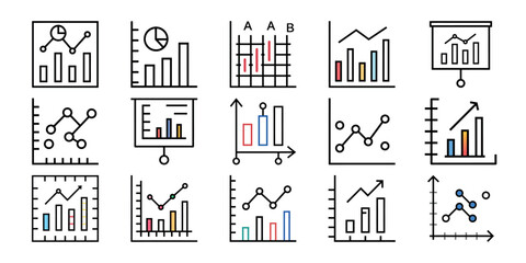 A collection of simple line and bar graph icons showing data analysis trends and statistics with various colored chart styles