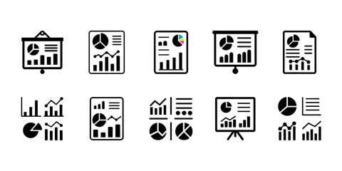 Set of black and white icons showing charts graphs and data reports with different styles and presentation formats