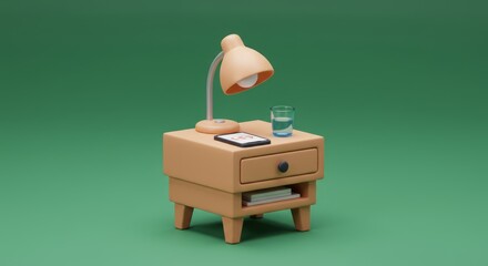 Bedside nightstand with lamp, smartphone and glass of water illustration in 3D rendering. Interior furnishing scene for bedroom with modern decoration