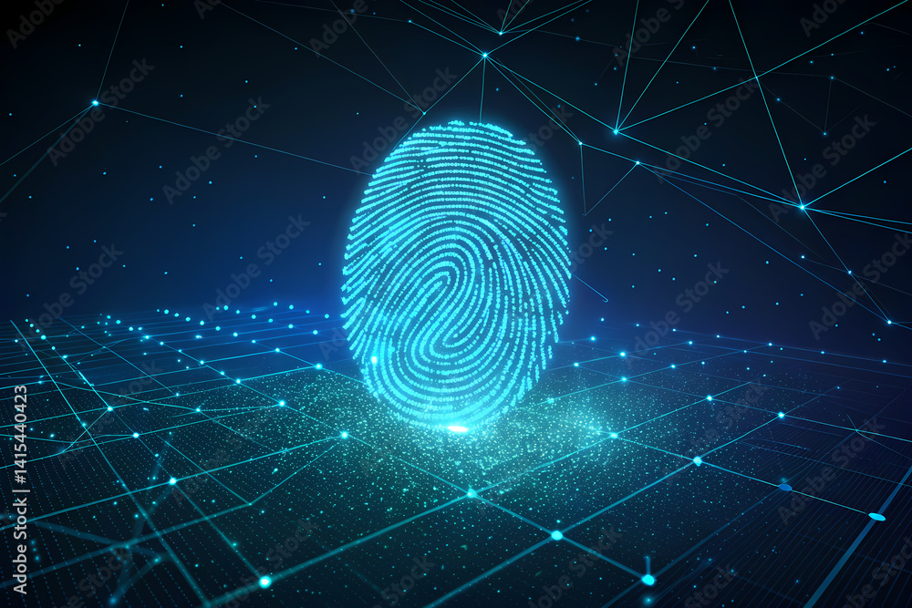 Aufkleber glowing fingerprint hologram floating over futuristic grid symbolizing digital security