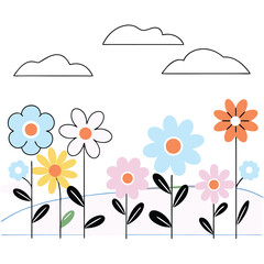 Fototapeta premium Vibrant Wildflower Meadow Illustration with Mountain Backdrop