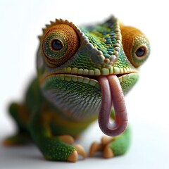 Fototapeta premium 3d cartoon, chameleon, on a clean white background, and clear, studio photo style