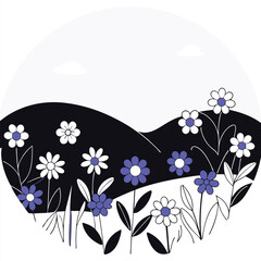 Vibrant Wildflower Meadow Illustration with Mountain Backdrop

