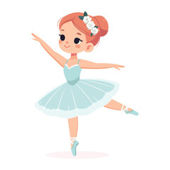 Pretty and gentle ballerina girl in dress dancing on white background. Poster, Banner, Flyer, Greeting Card. Vector illustration in flat cartoon style