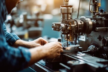 Precision Engineering: A skilled worker's hands meticulously operate a powerful industrial lathe, showcasing the precision and expertise required in modern manufacturing.