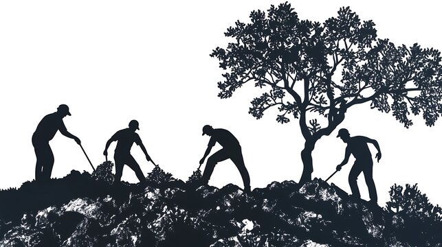 reforestation efforts in action, silhouettes planting trees, collaborative effort, clean white