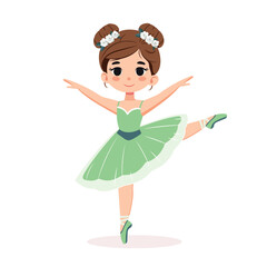 Pretty and gentle ballerina girl in dress dancing on white background. Poster, Banner, Flyer, Greeting Card. Vector illustration in flat cartoon style