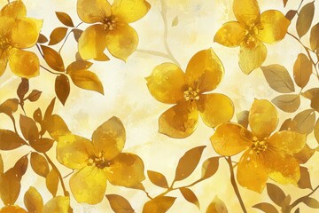Bright Yellow Flowers and Leaves on Soft Cream Background