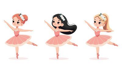 Set of different international ballerina girls in colorful dress dancing on white background. Poster, Banner, Flyer, Greeting Card. Vector illustration in flat cartoon style