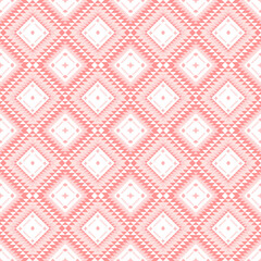 This traditional textile pattern features a sophisticated geometric design with coral-red triangles forming diamond medallions on a white background.