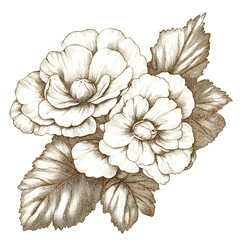 vintage begonia flower sketch with engraved lines and soft faded tones antique botanical drawing clip art white background