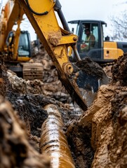 Muddy Pipeline Construction in Dense Forest with Excavators Digging Trench for Installation