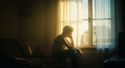 A young man sits on the bed by the window, looking thoughtful and lost in thought. The light from the window casts a warm glow on his face, creating a sense of intimacy and solitude