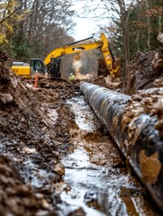 Muddy Pipeline Construction in Dense Forest with Excavators Digging Trench for Installation