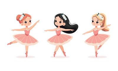 Set of different international ballerina girls in colorful dress dancing on white background. Poster, Banner, Flyer, Greeting Card. Vector illustration in flat cartoon style