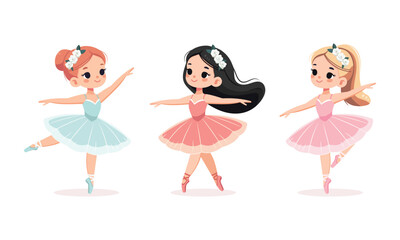 Set of different international ballerina girls in colorful dress dancing on white background. Poster, Banner, Flyer, Greeting Card. Vector illustration in flat cartoon style
