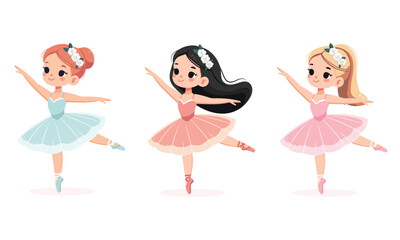 Set of different international ballerina girls in colorful dress dancing on white background. Poster, Banner, Flyer, Greeting Card. Vector illustration in flat cartoon style