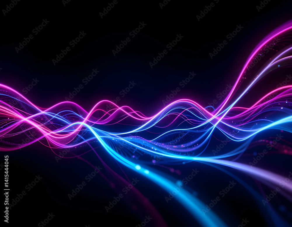 Poster glowing data stream with digital waves in cyberpunk colors