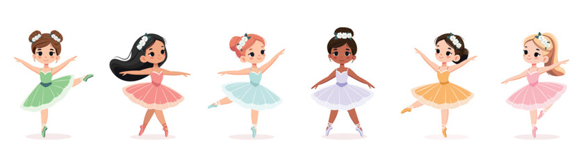 Set of different international ballerina girls in colorful dress dancing on white background. Poster, Banner, Flyer, Greeting Card. Vector illustration in flat cartoon style