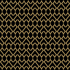 Sleek geometric lattice pattern in gold on black. Modern Islamic-inspired design creates luxurious visual rhythm ideal for contemporary interiors and fashion applications.​​​​​​​​​​​​​​​​