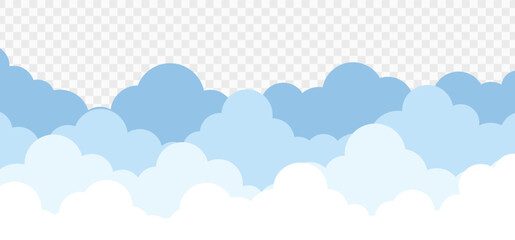 White and blue clouds on a transparent background. Realistic background, cloudy sky. Vector illustration.