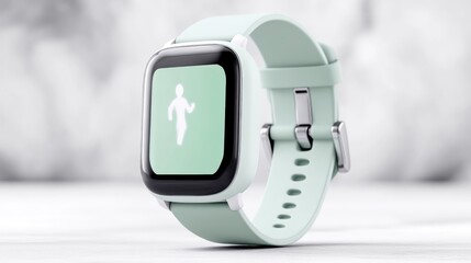 Light mint-colored fitness smartwatch.  Features a running icon displayed on the screen, and a soft silicone band