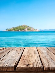Fototapeta premium Tranquil Island Seascape with Wooden Deck - Serene ocean view with a small island in the background, featuring a weathered wooden deck in the foreground, ideal for product placement or travel themes