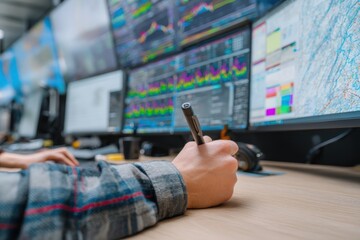 Navigating Data Streams: A focused individual, immersed in a digital environment, carefully examines multiple screens displaying complex data, demonstrating analytical precision.