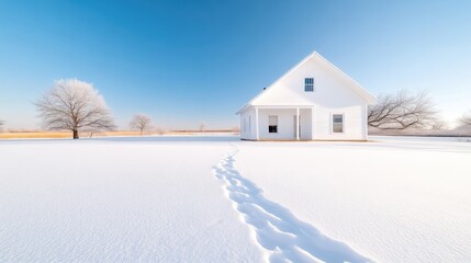 Pristine winter landscape with a white farmhouse