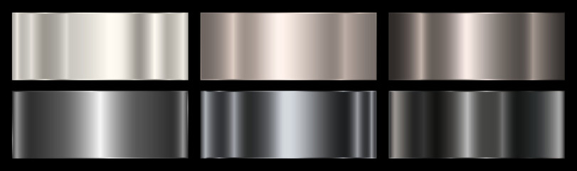A set of dark and light silver gradients on a black background. Metallic gradient effects for text and infographic design. Collection of platinum and silver gradients. Vector EPS 10.