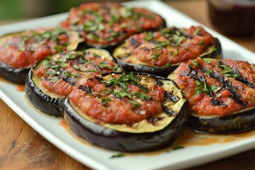 Plant-based cuisine vegetables dairy-free Delicious stuffed eggplant garnished with herbs and sauce.