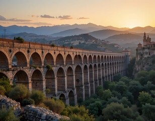 Fototapeta premium Stone Aqueduct Spanning Valley at Sunset with Distant Mountain Views