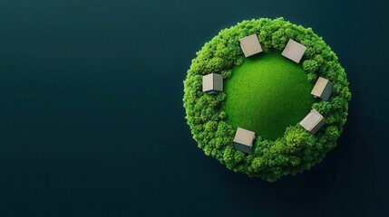Tiny village on a spherical green world, offgrid sustainable living scene