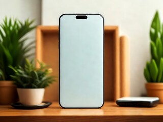 Mockup Standing iphone 16 on Wooden Shelf with Potted Plants