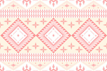 Elegant cream and coral textile design featuring nested diamonds with zigzag borders, botanical star motifs, and intricate repeating elements.