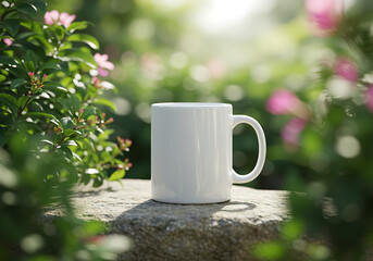 White Mug Mockup in Nature Setting with Flowers and Sunlight