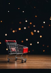 Mini shopping cart gift bokeh lights dark wood background. AI Generated