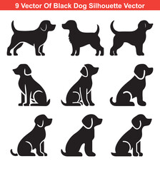 Black Dog Silhouette Icons Collection in Sitting and Standing Poses Isolated on White Background