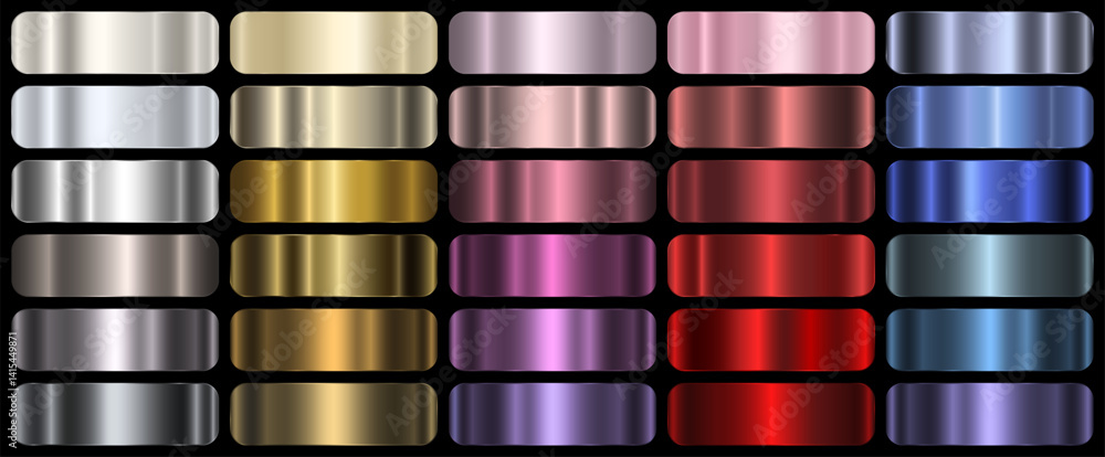 Poster a set of shiny colored metallic gradients with frames on a black background. the texture of a smooth