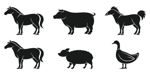 Black horse silhouettes vector set, farm animal illustration